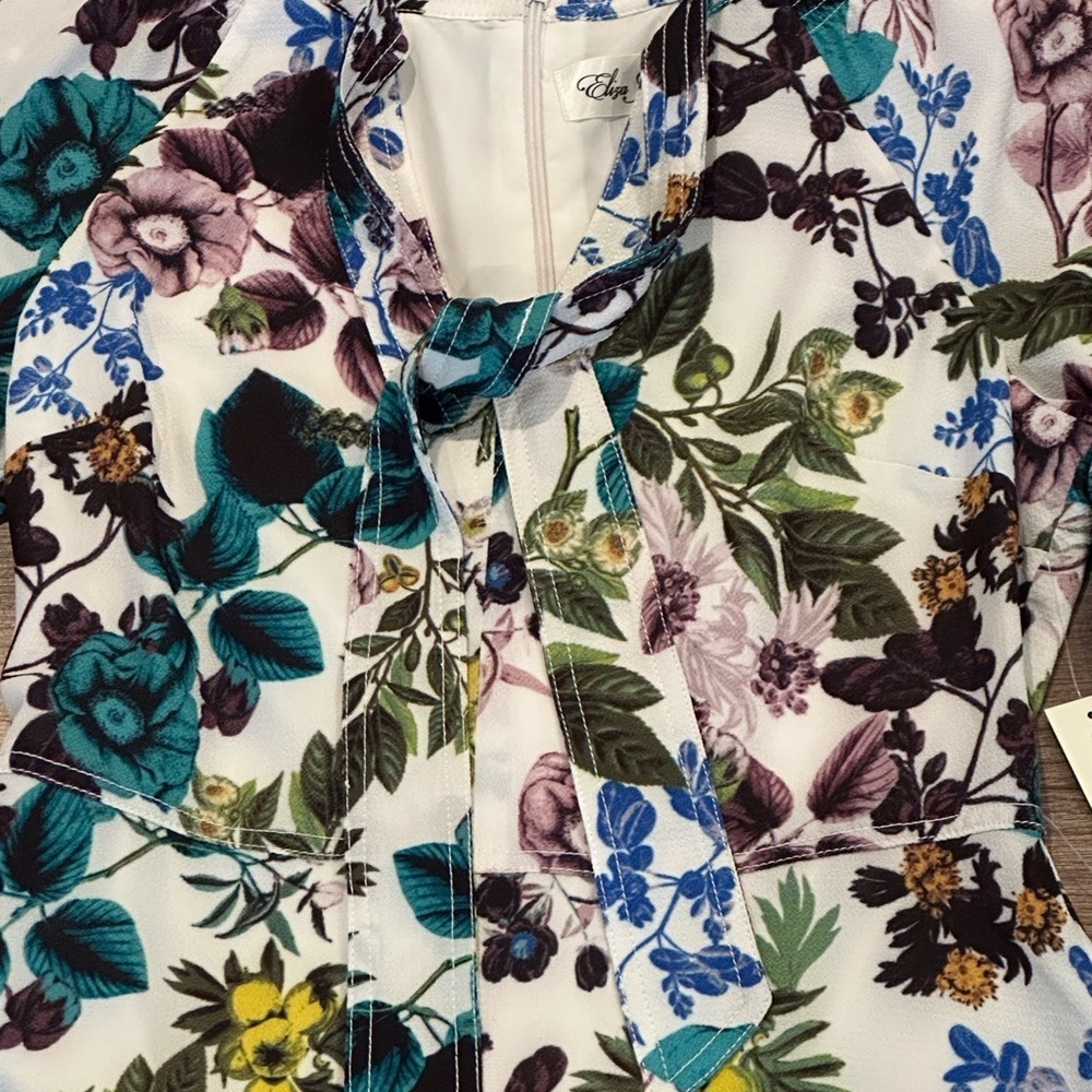 NWT! Eliza J Ivy Pebbled Crepe Tie Neck Floral Dress Size 6 - Picture 7 of 16